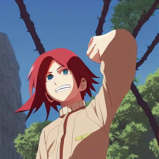 Prompt: red haired teen boy, standing a ledge, konohagakure in the background, leaf village, spring, digital painting, artstation, highly detailed, by makoto shinkai and thomas kindle and James gilleard