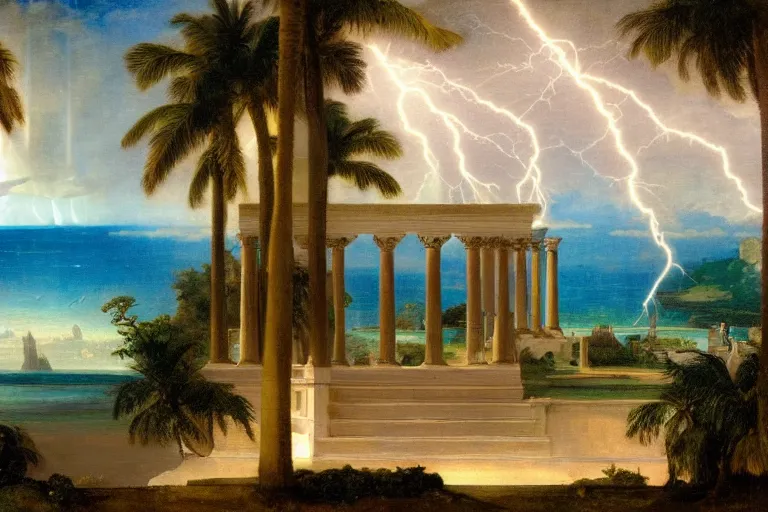 Prompt: mediterranean balustrade and palace columns, refracted lightnings on the ocean, thunderstorm, tarot cards characters, beach and Tropical vegetation on the background major arcana sky and occult symbols, by paul delaroche, hyperrealistic 4k uhd, award-winning, very detailed paradise