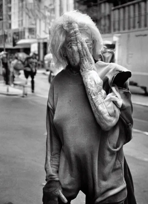 Image similar to strange ugly tough looking woman with piercings walking down the street in New York. older person, sweat suit, crackhead, somebodys grandma probably, award winning photography, high detail, photography by Annie Leibovitz, Ansel Adams, Mary Ellen Mark