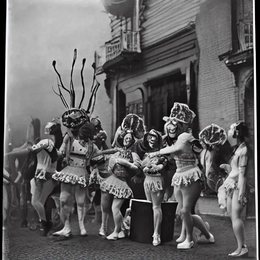 Image similar to carnival performers, eerie, black and white photo, historic, realistic, highly detailed, 1 8 0 0 s