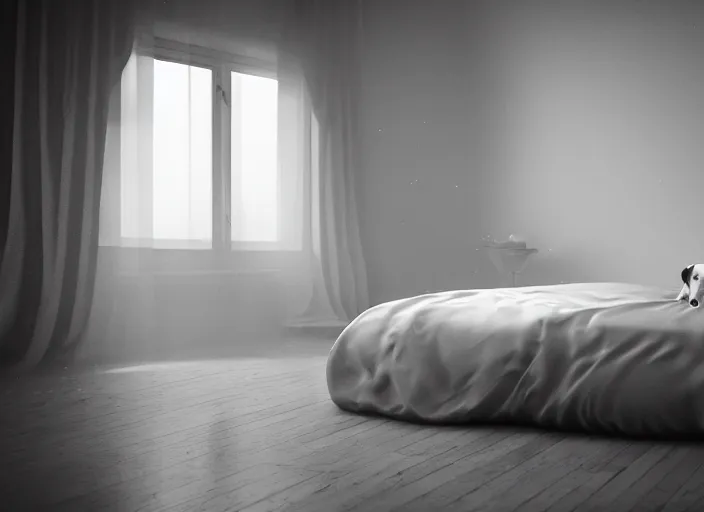 Image similar to photography of a Jack Russel watching outside the window on a bed in a 3d rendered white room, octane render, 3d, foggy, volumetric light, volumetric fog, photorealistic, unreal engine 5, award winning photo, 100mm, sharp, cloth, high res