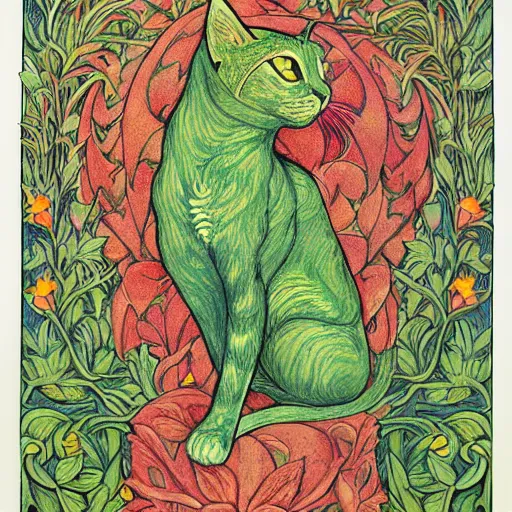 Prompt: colourful green man cat by walter crane and william morris, 8 k, artstation