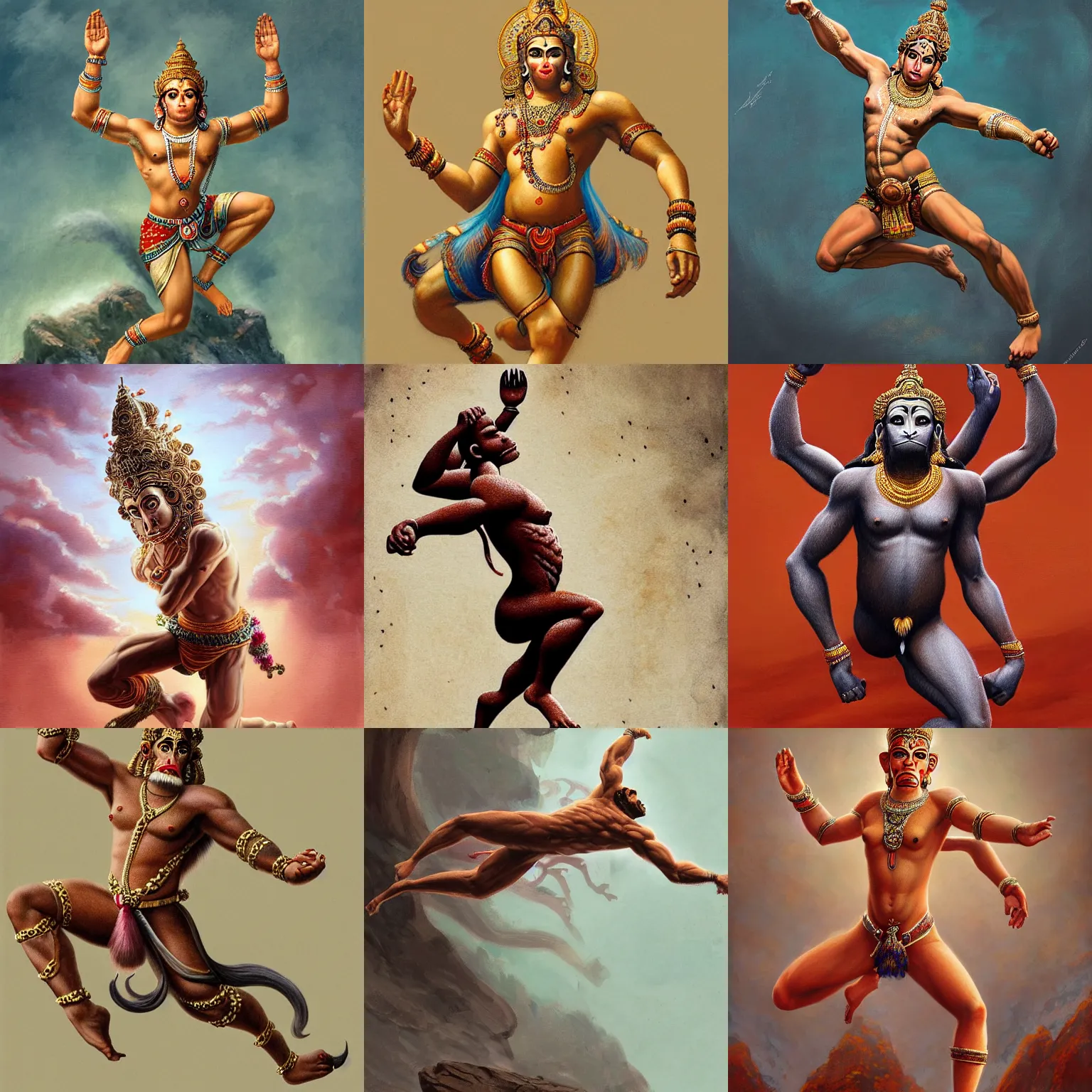 Prompt: a full body centered!!!!!!!!! portrait of a sole beautiful ornated hanuman god, leaping across the canvas on a front split pose, intricate, elegant, highly detailed, digital painting, artstation, concept art, smooth, sharp focus, colored illustration for tattoo, art by krenz cushart and artem demura and alphonse mucha