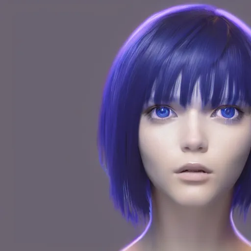 Image similar to « portrait, attractive, blue eyes, black hair, middle length hair, ghost in the shell, front view, unreal engine 5 »