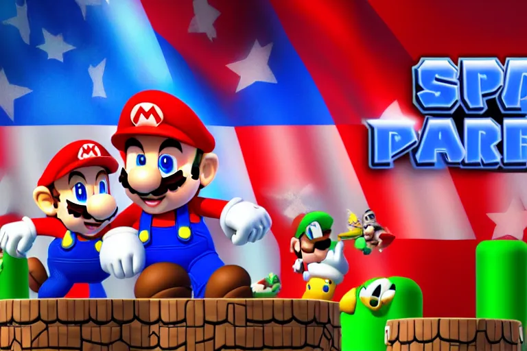 Image similar to super mario as the president of the usa giving a speech to the world, usa flag background, photorealistic, 8 k