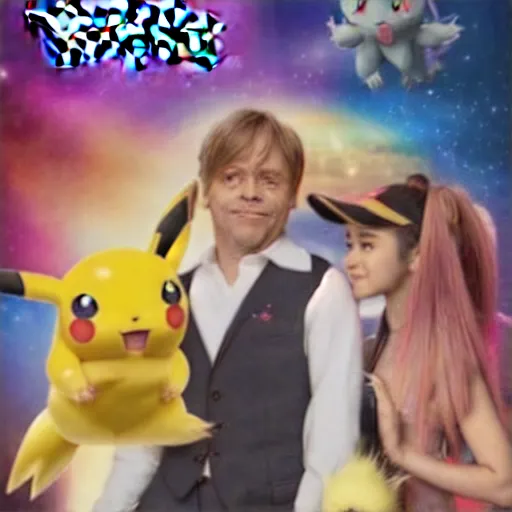 Image similar to a live action Pokemon movie poster featuring Ariana Grande and Mark Hamill