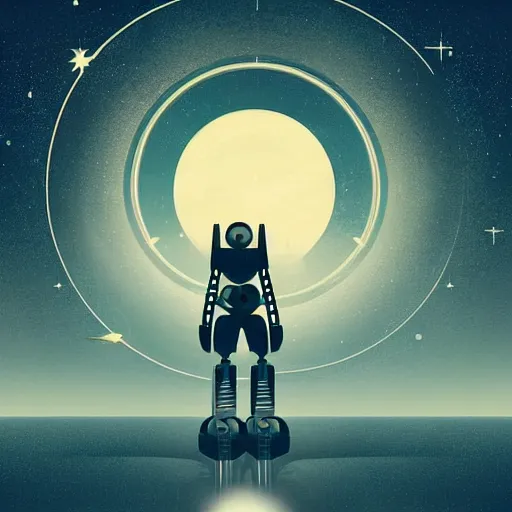 Prompt: “1950s art deco style robot silhouette facing a futuristic city, planets and stars in the background, retro poster. Dramatic lighting, glowing highlights, sinister, line art”