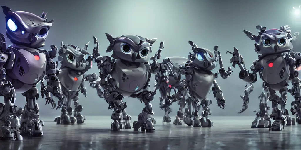 Image similar to an army of evil, malevolent, robot mechincal owls using computers. this 4 k hd image is trending on artstation, featured on behance, well - rendered, extra crisp, features intricate detail and the style of unreal engine. volumetric lighting