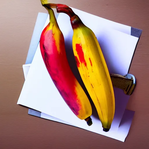 Image similar to photographic, hyperrealistic image, of a red banana, on top of a yellow book, on top of a dining table, detailed, HD, cinematic