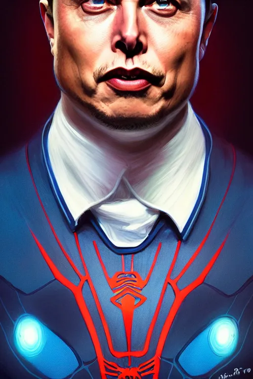 Image similar to elon musk as a blue suit spider man, realistic portrait, symmetrical, highly detailed, digital painting, artstation, concept art, smooth, sharp focus, illustration, cinematic lighting, art by artgerm and greg rutkowski and alphonse mucha