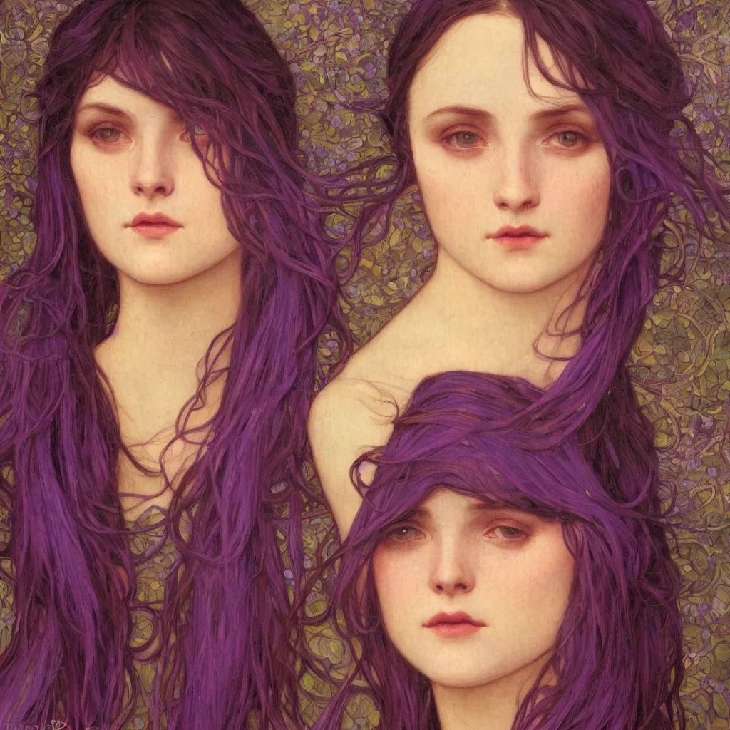 Image similar to purple, character portrait of purple, by waterhouse, by mucha, lean face, symmetrical face, face symmetry, cinematic lighting, beautiful, elegant, oil painting, cinematic, portrait, raphaelite, trending on artstation, intricate background