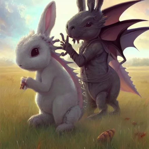 Image similar to cute dragon and a rabbit roaming the windswept field dave dorman edson campos christopher young jeff simpson allison carl hiro izawa paul chadeisson pastel painting