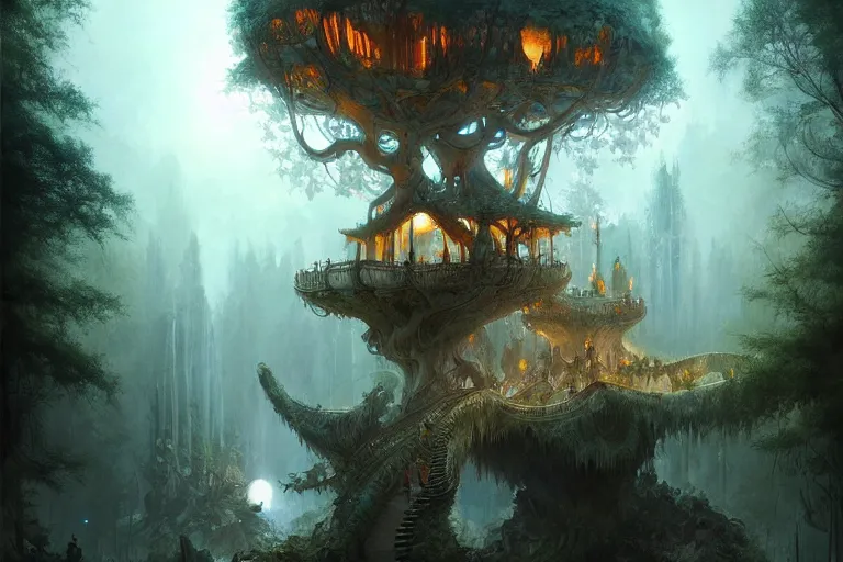 Image similar to treehouse with architecture from antonio gaudi in a deep mystical forest , lampoons, lake, waterfall, tall people walking and discussing, faint dynamic lighting, art by peter mohrbacher on artstation, night mood