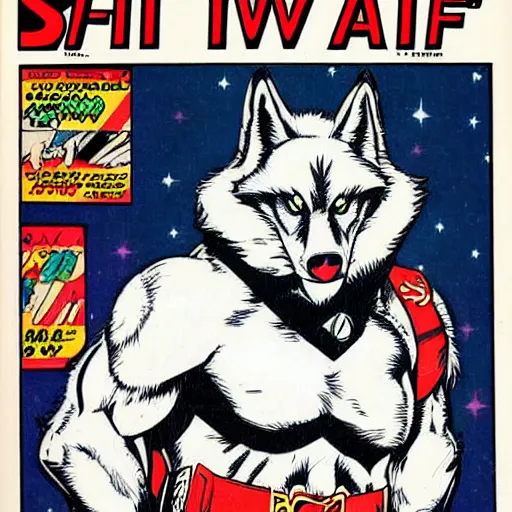 Image similar to 1 9 8 0 s comic book cover scan featuring a portrait of villain male wolf o'donnell anthropomorphic wolf furry fursona from starfox wearing a dark space mercenary uniform, dark grey wolf, handsome eyes, wolf o'donnell