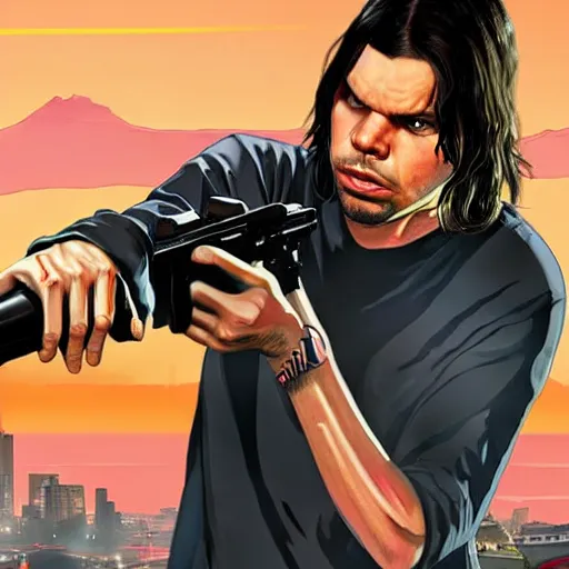 Image similar to orelsan in gta v covert art painted by stephen bliss, centered, uncropped