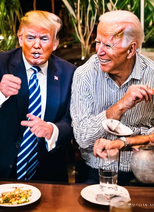 Prompt: Trump and Biden having dinner at a fancy Balinese restaurant, award winning photography, sigma 85mm Lens F/1.4, perfect faces