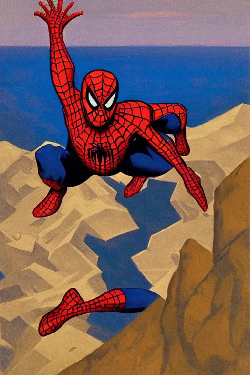 Image similar to spiderman stay on mountain, marvel, artwork by nicholas roerich,