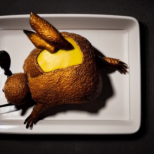 Image similar to roast pikachu on a platter, michelin star restaurant, award winning food photography, macro lens