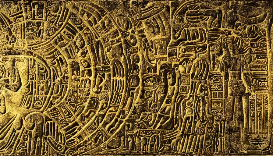 Prompt: h. r. giger hieroglyphs, hieroglyphs showing ufos alien planets, gold plate render, various refining techniques, micro macro auto focus, top photography photo art gallery, realistic photo, insane detail