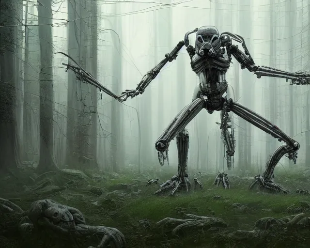 Prompt: photo of a giant huge white terminator spider with heavy duty biomechanical hydraulic cybernetic body in the forest fighting stormtroopers and a sith lord. cyberpunk horror style. highly detailed 8 k. intricate. nikon d 8 5 0 5 5 mm. award winning photography. art by hr giger and zdzislaw beksinski in the style of hzd