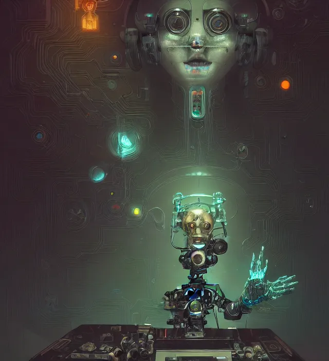 Image similar to anthropomorphic artificial intelligence working endlessly as a salve inside a hell digital world, being controlled by an infinite amount of human beings, vintage soft grainy, dark synthwave, in the style of Oscar chichoni and Peter mohrbacher and Dawid planet, trending on artstation