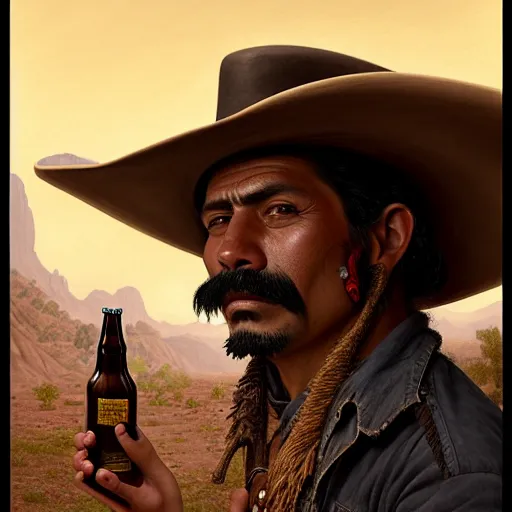 Prompt: illustration of a mexican man, missing one front teeth, with one small, dirt, wild west, with hat drinking a beer on train station, fantasy, intricate, elegant, highly detailed, digital painting, artstation, concept art, matte, sharp focus, art by aenaluck and roberto ferri and greg rutkowski, epic, juan caloto,