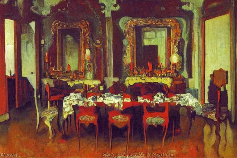 Prompt: A oil painting of a french red dinner room, with silver cutlery by Nicholas Roerich, by Georgia o Keeffe, by Gustave Moreau