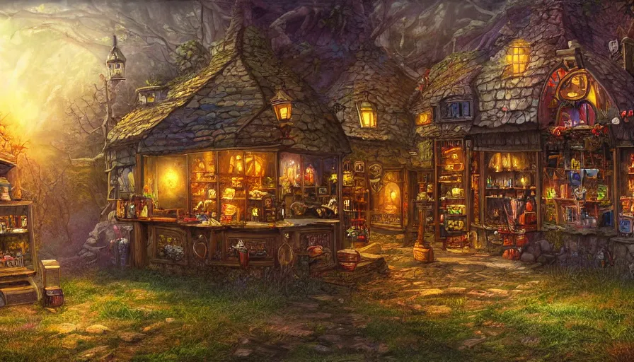 Image similar to magical shop on a hill, sharp focus, cinematic, extremely detailed digital painting