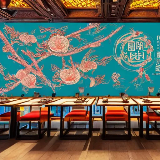 Prompt: a beautiful hyperdetailed 4 k hd wallpaper illustration interior of roasted string hotpot restaurant restaurant yan'an, wall painting, from china, with merchant logo, fine delicate structure, chinese style, victo ngai