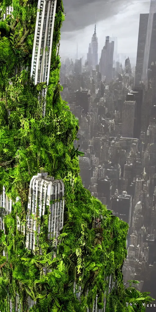 Prompt: an epic view of vines and moss growing on the empire state building, moss, jungle, with pterosaurs flying, close - up, low angle, wide angle, atmospheric, volumetric lighting, cinematic, 8 k hg, ray tracing, octane render, unreal engine, very realistic, highly detailed digital art, painted by tyler edlin