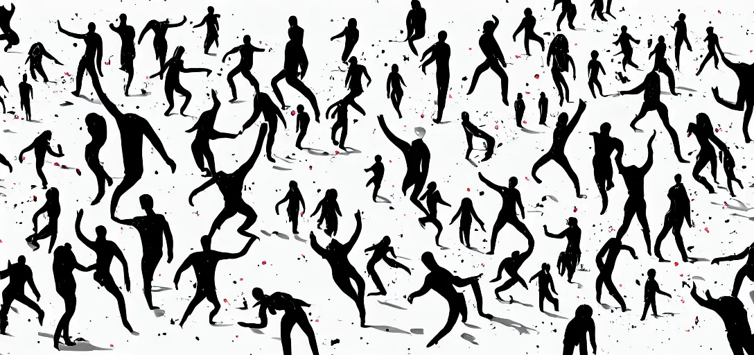 Image similar to multiple close interacting human figures, limbs scattered, explosions, splotches, concept art, illustration, transparency, sss, occlusion, high contrast, very long shadows, on white