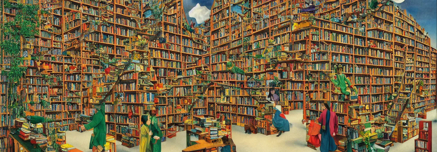 Image similar to a book store, customers are rabbit, by m. c. escher, yellow, green, red, snowy, ultra sharp, ultra detailed, happy, uplifting, colorized by salvador dali