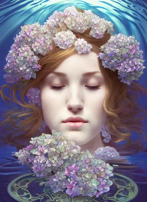 Image similar to an underwater photographic portrait of a seductive sleeping anthropomorphic hydrangea blossom, a perfect face!!!, fantasy, art nouveau, intricate, elegant, very very highly detailed, digital painting, artstation, concept art, smooth, super sharp focus, illustration, art by artgerm and h r giger and alphonse mucha