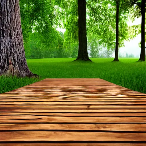 Image similar to wooden platform built around a tree, realistic, photo,