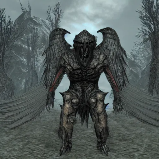 Image similar to screenshot of a horrid creature from Skyrim. It has angel wings, no eyes, and has long fingers with sharp teeth.