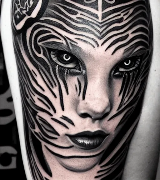 Image similar to tattoo design of a beautiful girl warrior with a tiger head above her, hyper realistic, realism tattoo, by eliot kohek, beautiful eyes, realistic face, black and white, white background