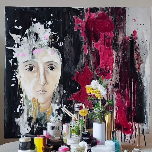 Image similar to “ a portrait in a female art student ’ s apartment, sensual, a golden doodle theme, art supplies, paint tubes, ikebana, herbs, a candle dripping white wax, black walls, squashed berries, berry juice drips, acrylic and spray paint and oilstick on canvas, surrealism, neoexpressionism ”