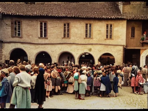 Image similar to a color 3 5 mm photograph of a crowd of villagers milling around in a medieval town square