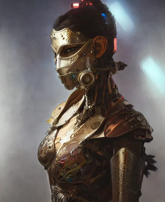 Image similar to portrait of a cyberpunk masked warrior, half body, glowin eyes, d & d, fantasy, intricate, elegant, highly detailed, digital painting, artstation, concept art, art by artgerm and greg rutkowski and alphonse mucha