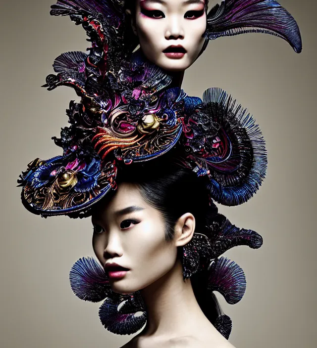 Image similar to photography american portrait of stunning model ming xi. great hair style,, half in shadow, natural pose, natural lighing, rim lighting, wearing an ornate stunning sophistical fluid dress and hat iris van herpen, with a colorfull _ newbaroque _ extreme _ makeup by benjamin puckey, highly detailed, skin grain detail, photography by paolo roversi