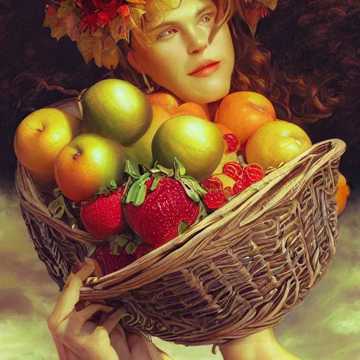 Image similar to photorealistic heaven made of fruit basket, detailed, centered, digital painting, artstation, concept art, donato giancola, joseph christian leyendecker, wlop, boris vallejo, breathtaking, 8 k resolution, extremely detailed, beautiful, establishing shot, artistic, hyperrealistic, beautiful face, octane render, cinematic lighting, dramatic lighting, masterpiece