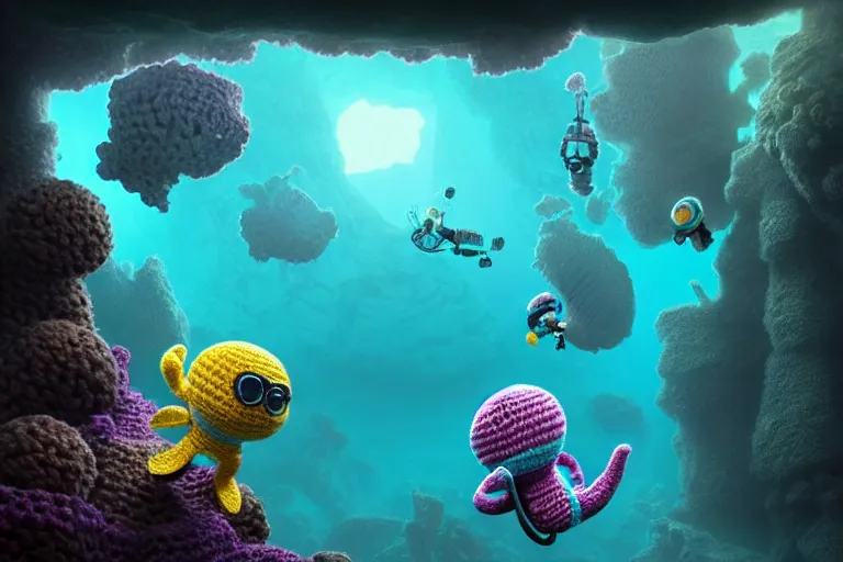 Image similar to an expedition of crochet scuba divers discovering a mysterious cave underwater. cute, illustration, digital art, inspired by little big planet, by greg rutkowski, detailed, sharp, masterpiece, highly detailed, photorealistic, octane render, 8 k, unreal engine 5, trending on artstation, vivid colors