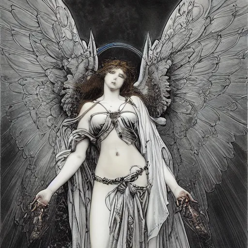 Image similar to heavenly angel of death and solace by gustave dore and alphonse mucha yoji shinkawa apophasis