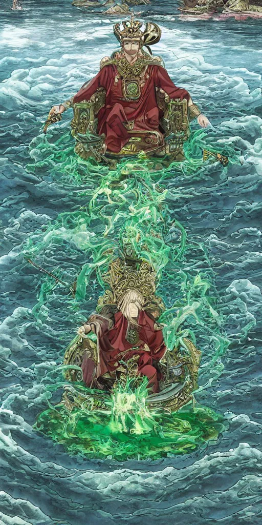 Image similar to a lone emperor sitting on a emerald throne floating on water in the middle of a lake drawn by Makoto Yukimura in the style of Vinland saga anime, full color, detailed, psychedelic, Authority, structure, a father figure, tarot card, The emperor tarot card