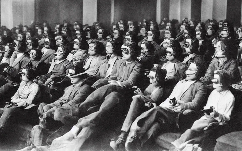 Image similar to 1 9 0 0 s photo of people using iphones ipods virtual reality headsets vr watching hd tv in a movie theater