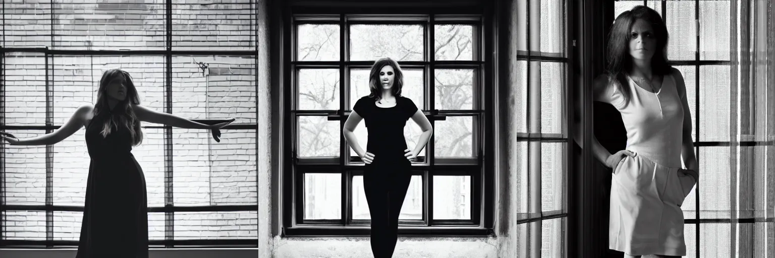 Prompt: beautiful woman standing in front of a window, full body Portrait, high contrast