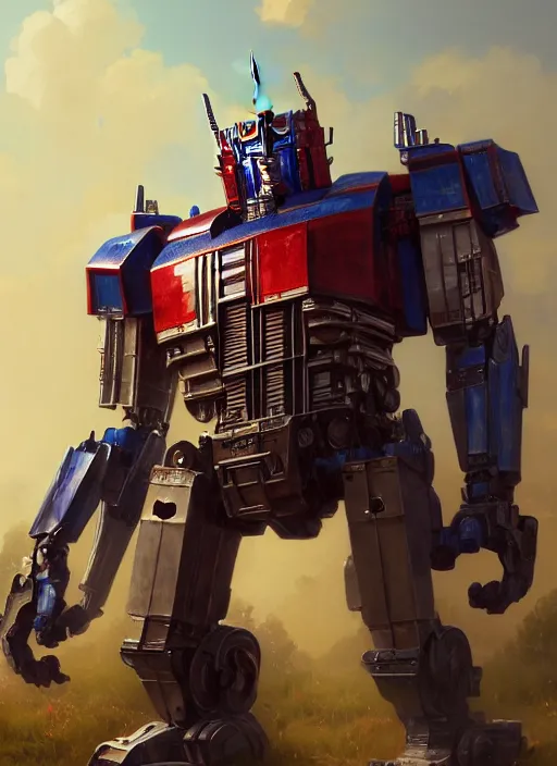 Image similar to Highly detailed full-body portrait of Optimus Prime, Stephen Bliss, unreal engine, fantasy art by Greg Rutkowski, Loish, Rhads, Makoto Shinkai and Lois van baarle, ilya kuvshinov, rossdraws, Tom Bagshaw, global illumination, radiant light, detailed and intricate environment