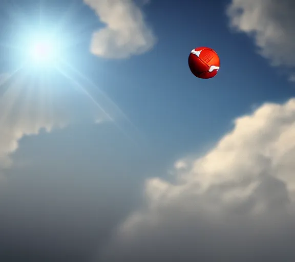 Image similar to a 4 k photorealistic photo of a football flying through the sky