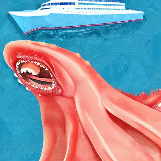 Image similar to A giant squid destroying a cruise ship in the middle of the ocean, digital art