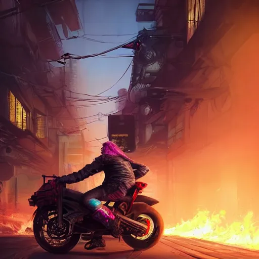 Image similar to portrait painting of a street samurai with long purple hair riding a motorcycle through a burning cyberpunk slum, glitchwave, ultra realistic, concept art, intricate details, eerie, highly detailed, photorealistic, octane render, 8 k, unreal engine. art by artgerm and greg rutkowski